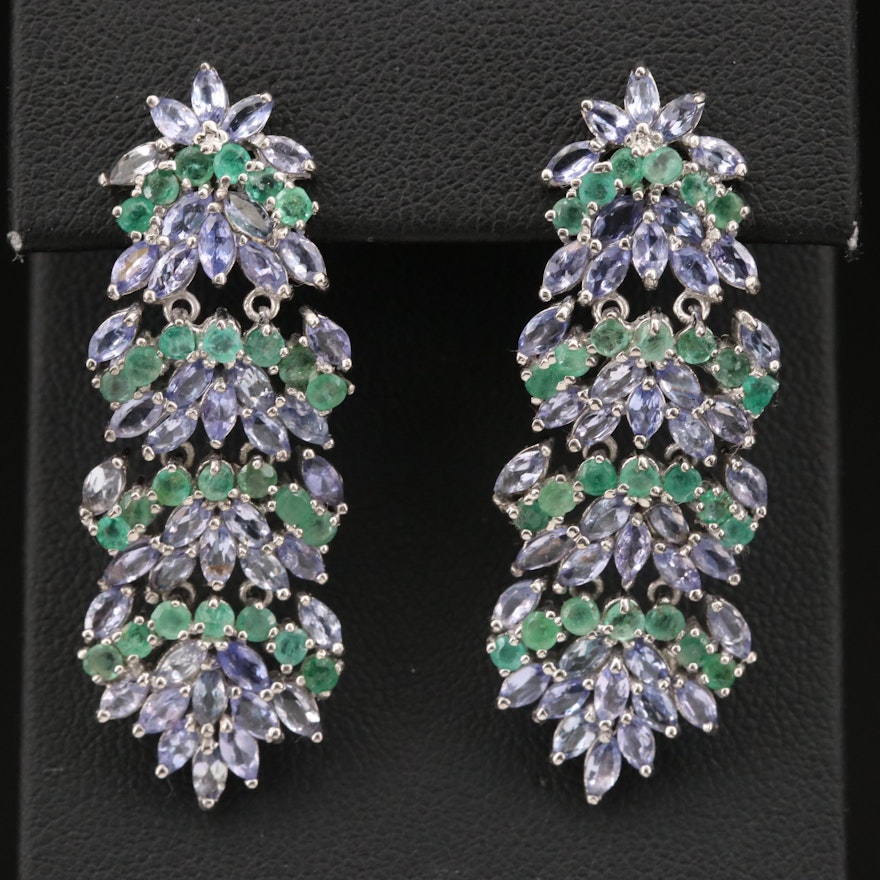 Sterling Tanzanite and Emerald Cluster Foliate Earrings