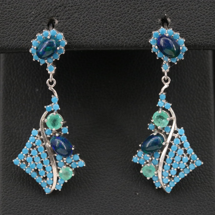 Sterling Opal, Emerald and Spinel Dangle Earrings