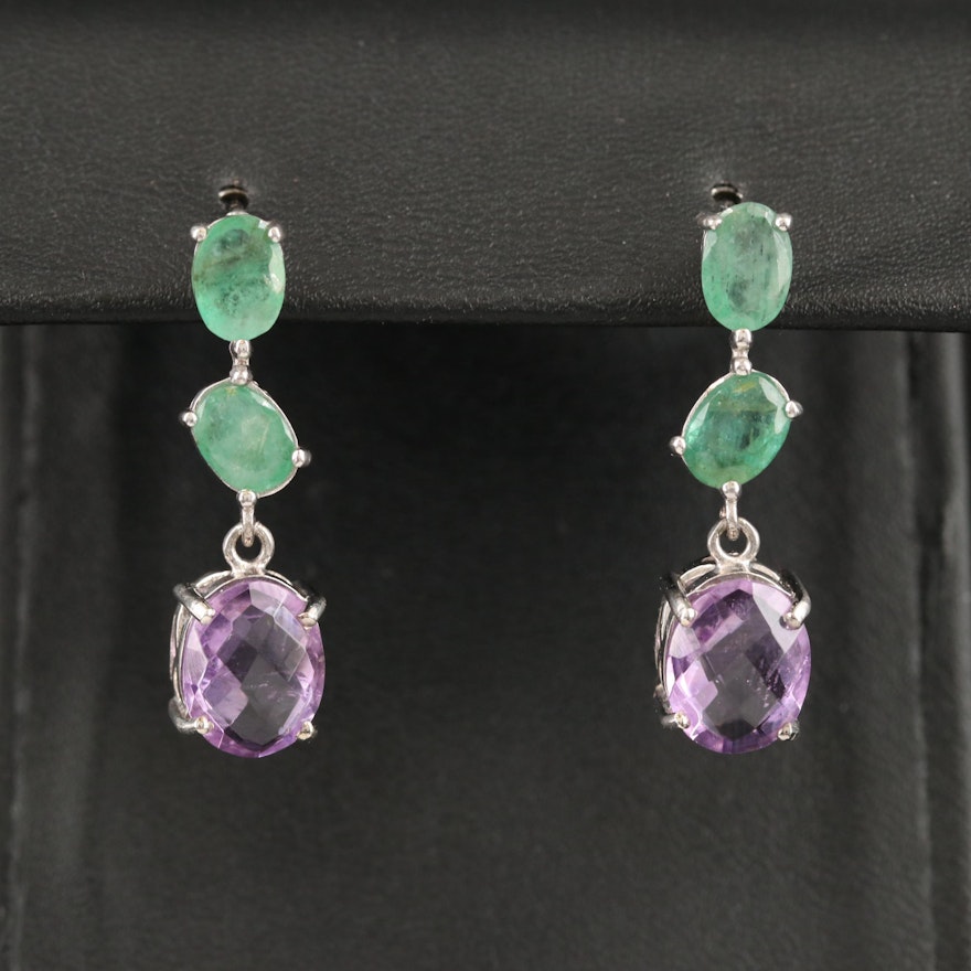 Sterling Emerald and Amethyst Dangle Earrings