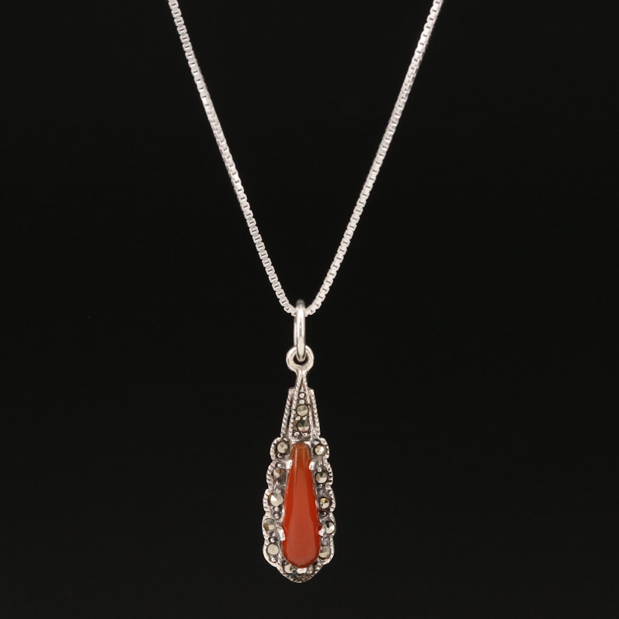 Sterling Carnelian and Marcasite Pendant Necklace