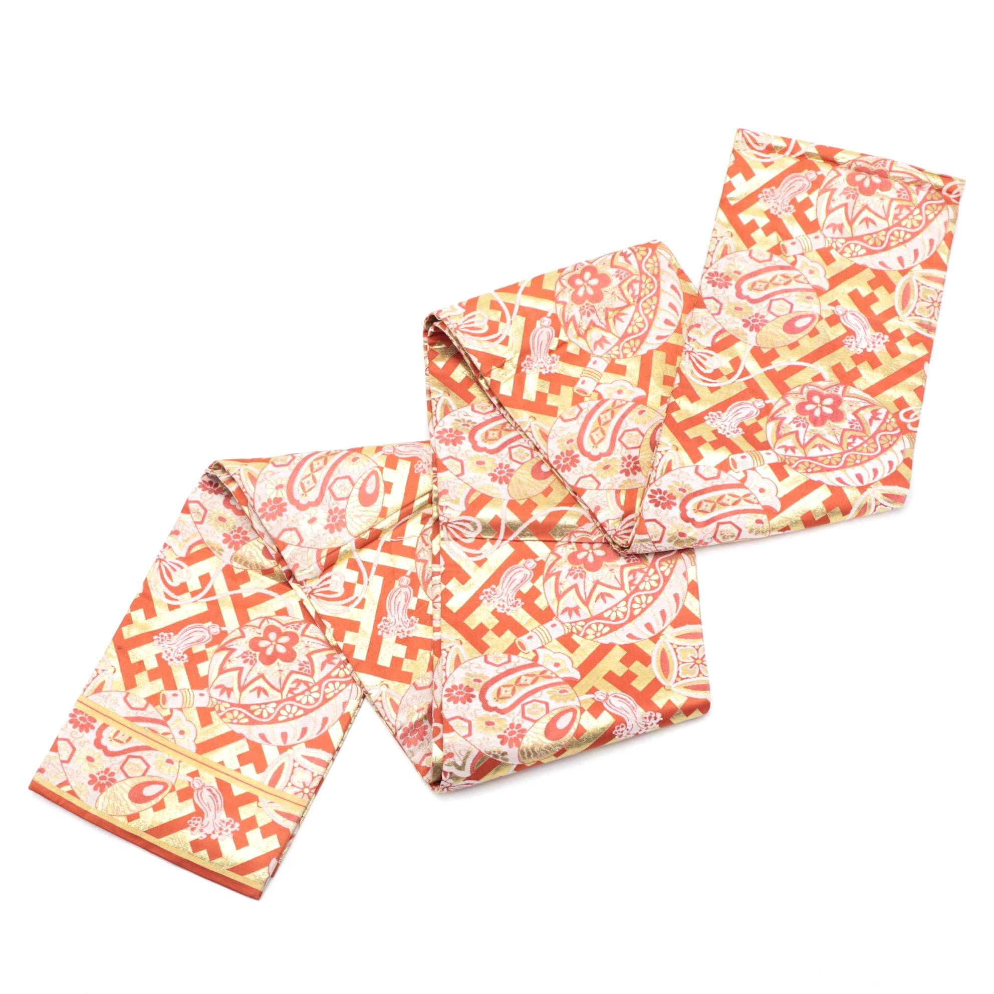 Sayagata, Kusudama and Taiko Metallic and Orange Narrow Width Maru Obi