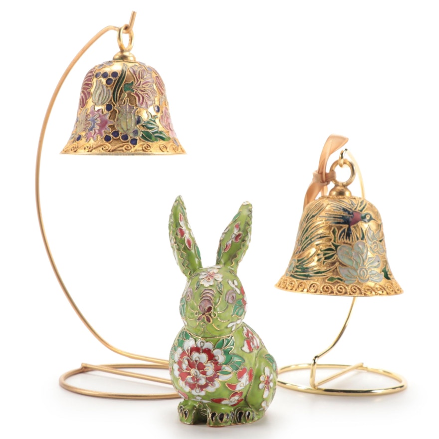 Chinese Brass and Enamel Cloisonné Bells and Rabbit Figurine