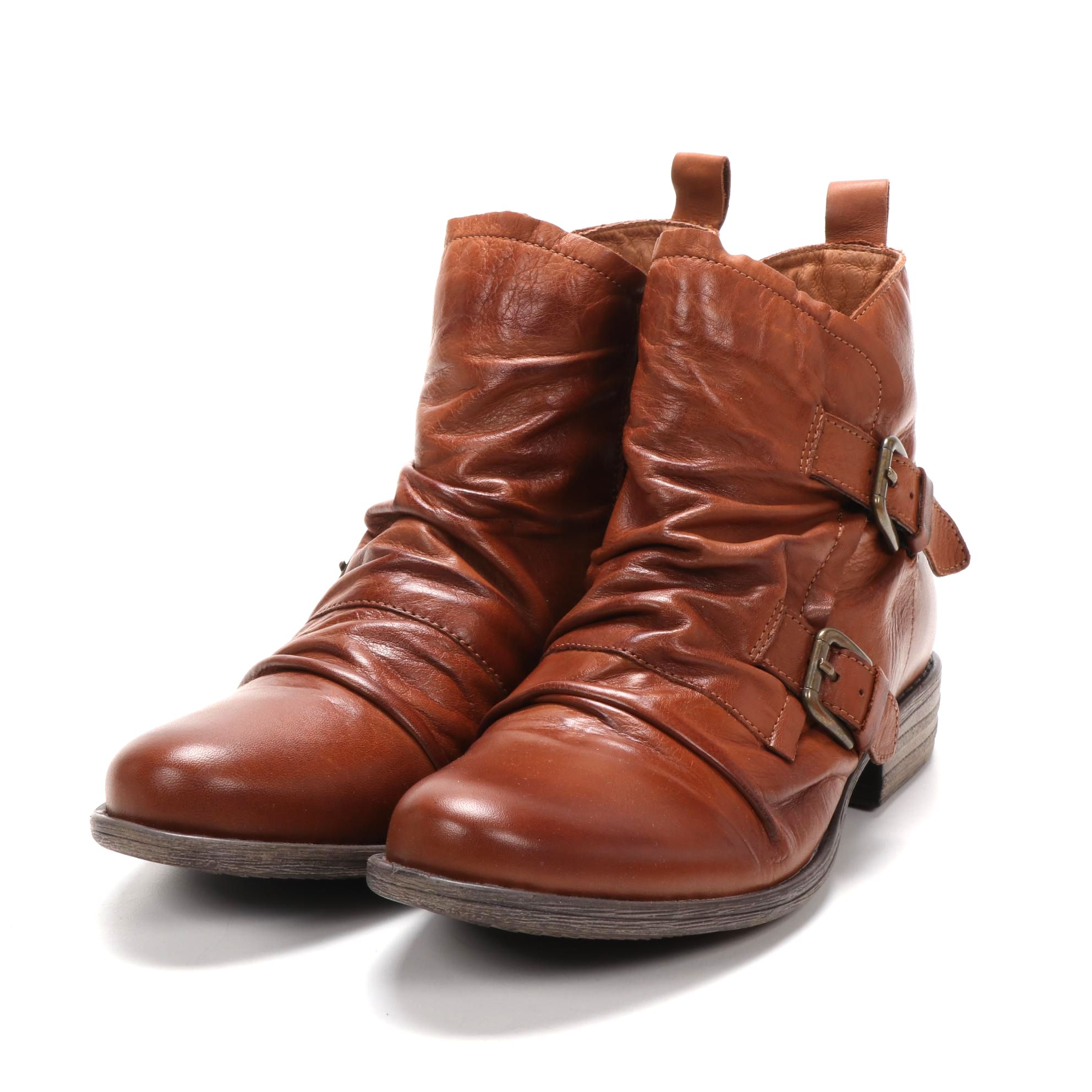 Miz Mooz Leslie Buckle Strap Ankle Boots in Brandy Leather