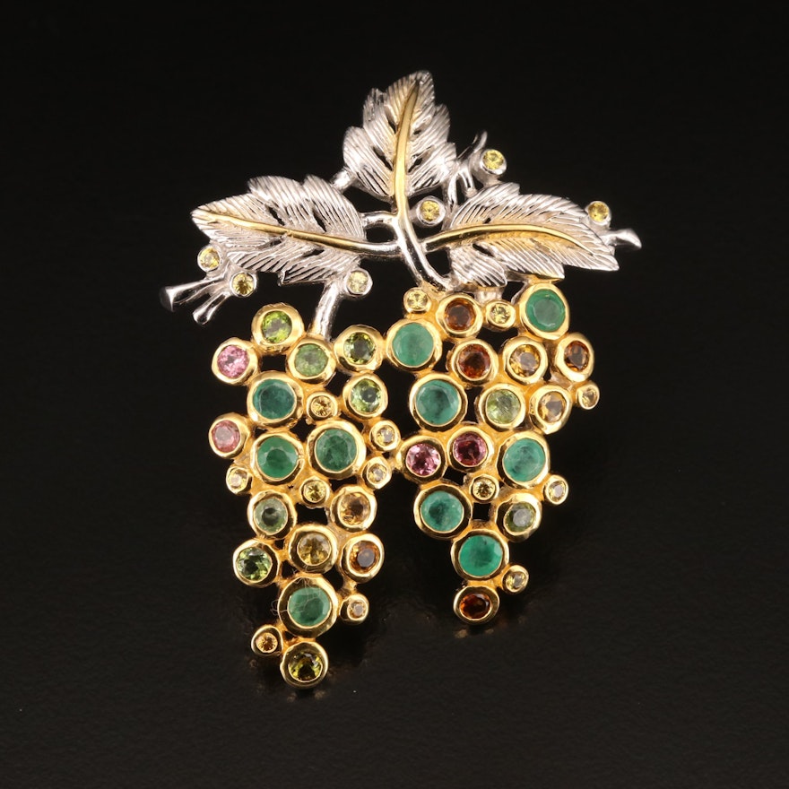 Sterling Emerald, Tourmaline and Citrine Grape Cluster Brooch