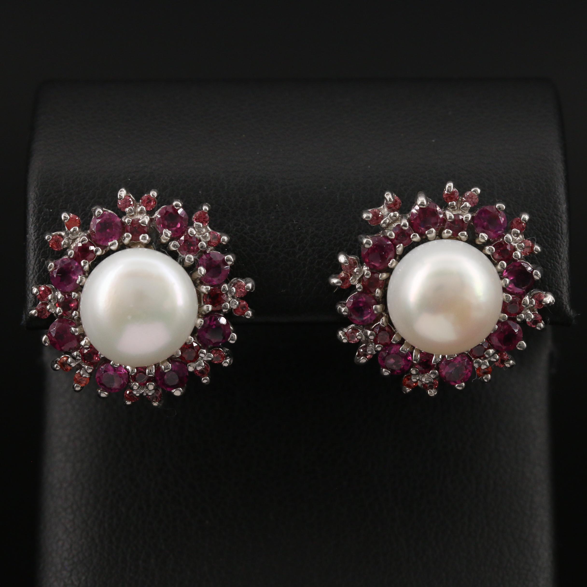 Sterling Silver Pearl, Garnet and Sapphire Button Earrings