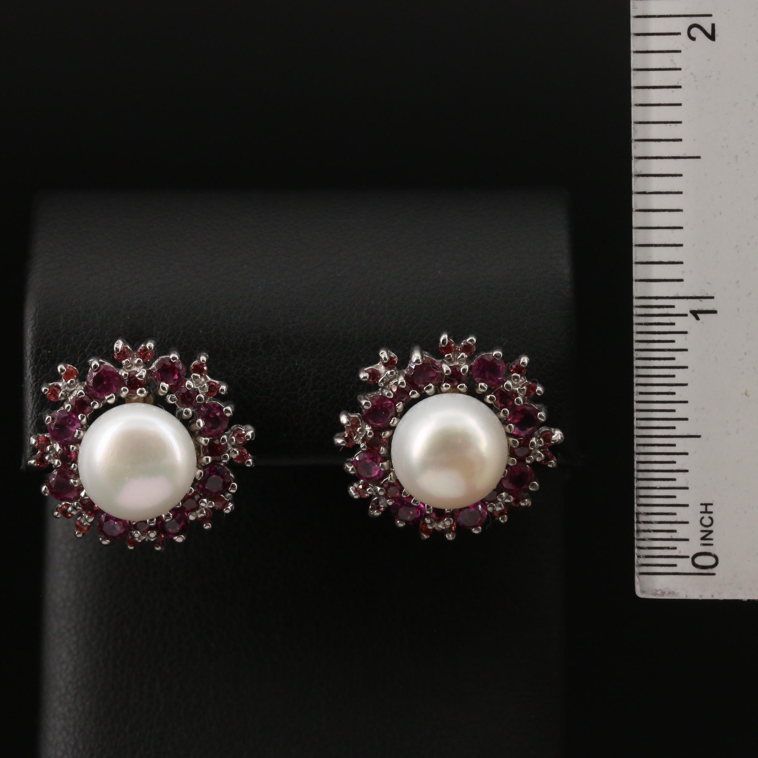 Sterling Silver Pearl, Garnet and Sapphire Button Earrings
