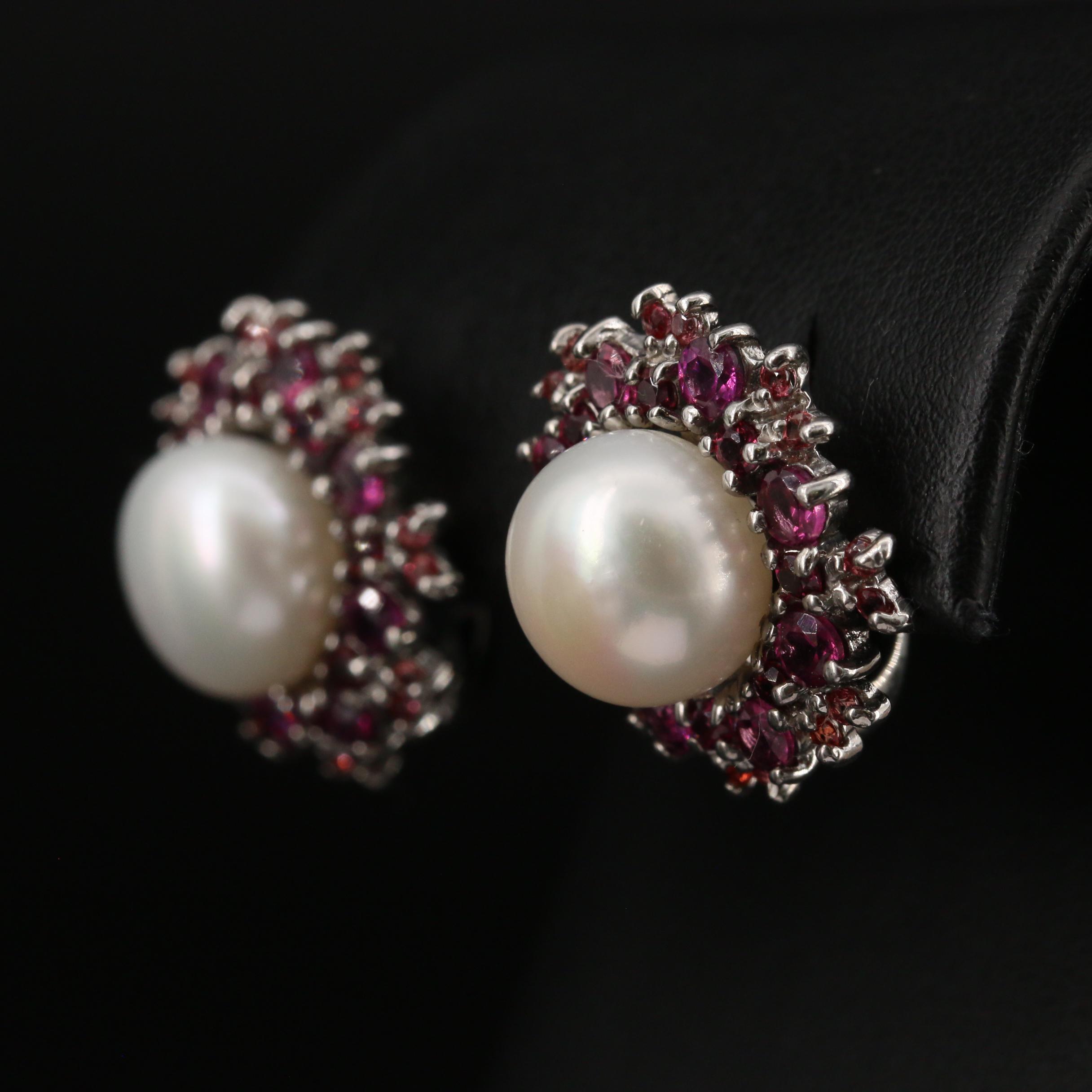 Sterling Silver Pearl, Garnet and Sapphire Button Earrings