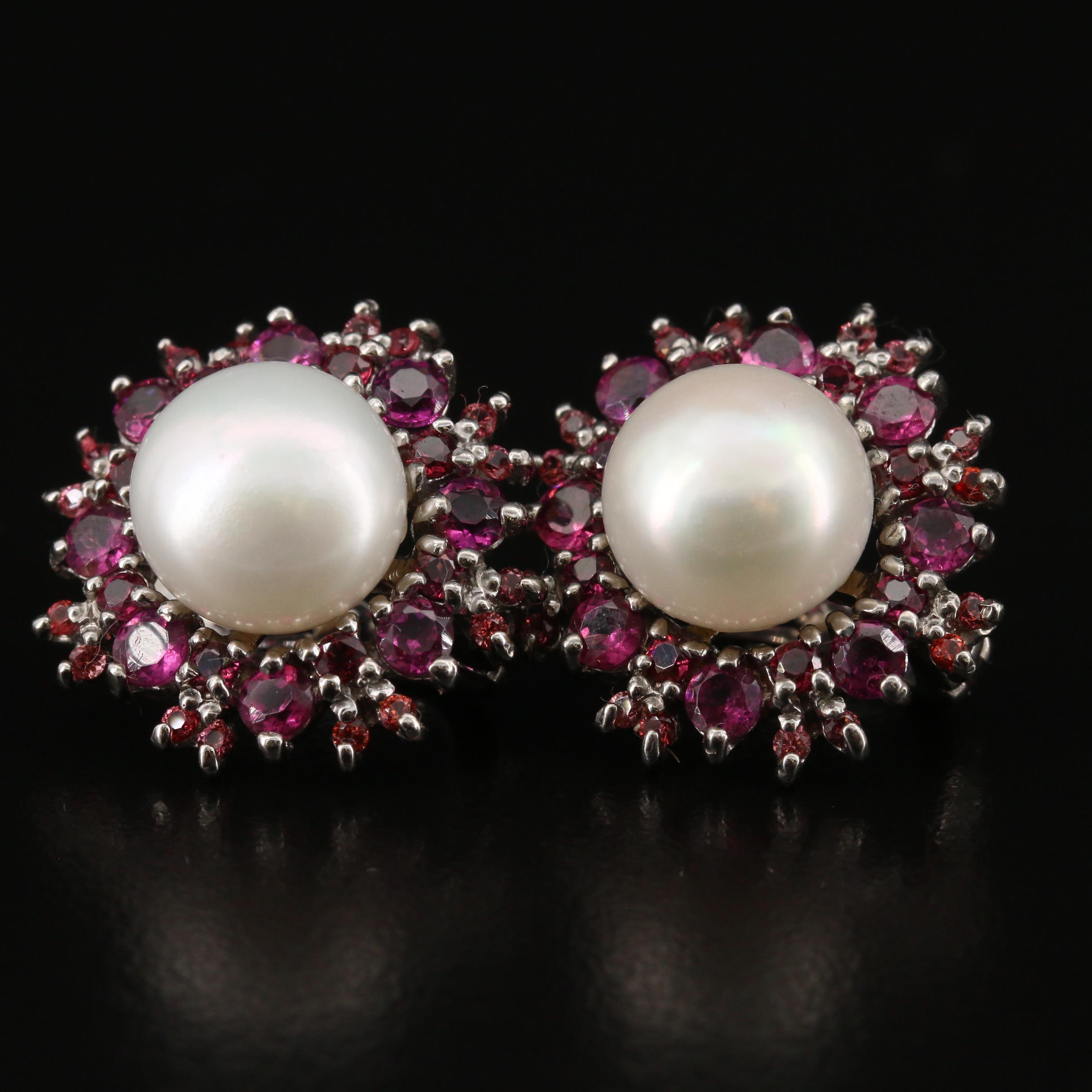 Sterling Silver Pearl, Garnet and Sapphire Button Earrings
