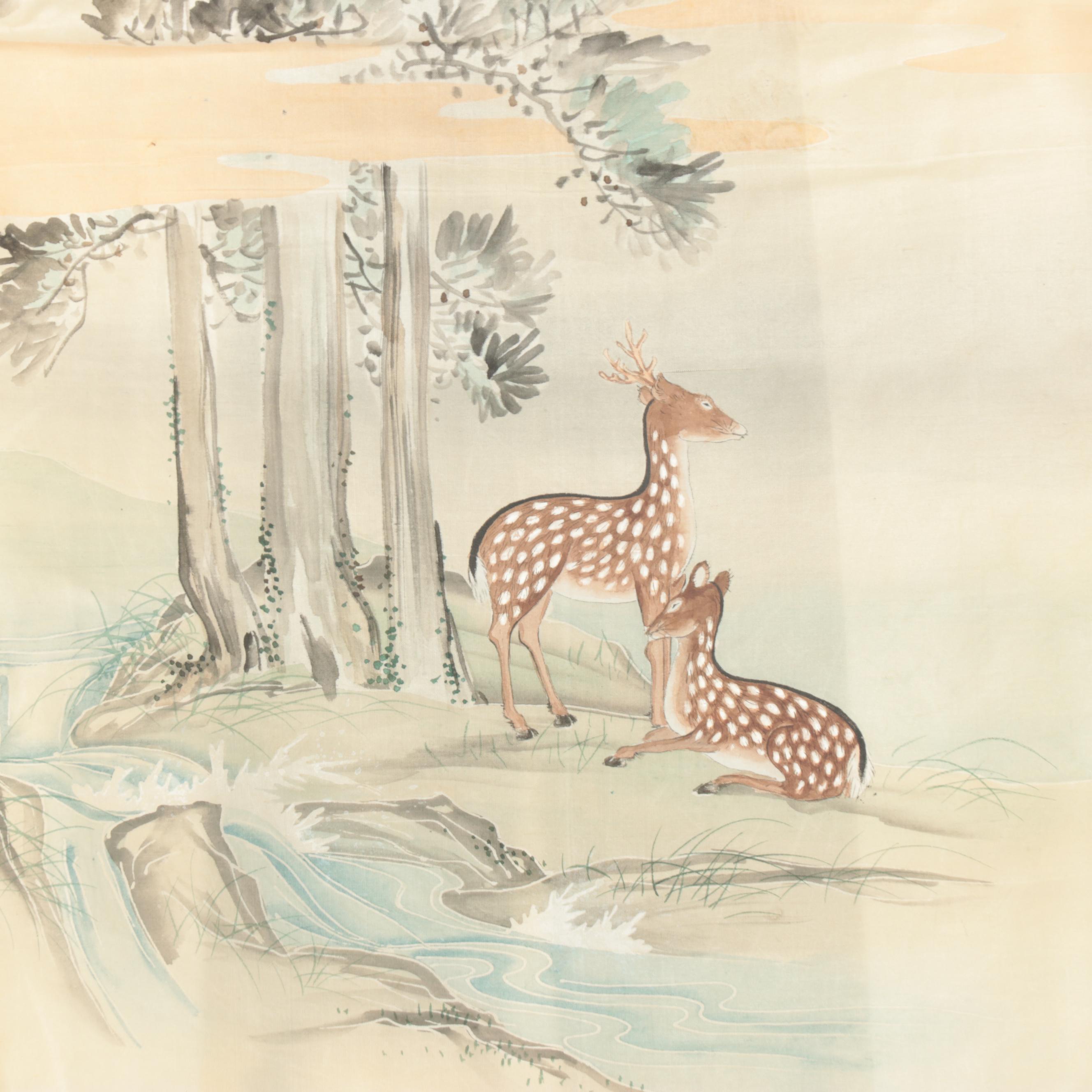 Child's Five Mon Scenic Shika Yuzen Dyed Kimono, Meiji Period