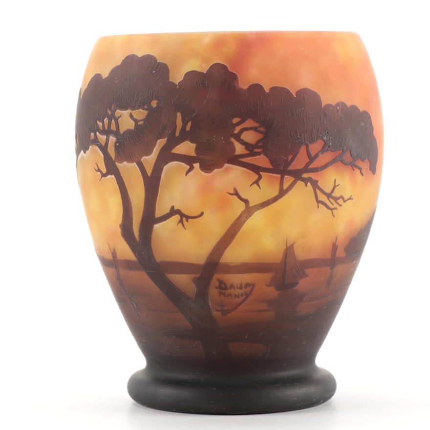 Daum Mottled Cameo Glass Vase with Sunset Landscape Scene, Early 20th Century