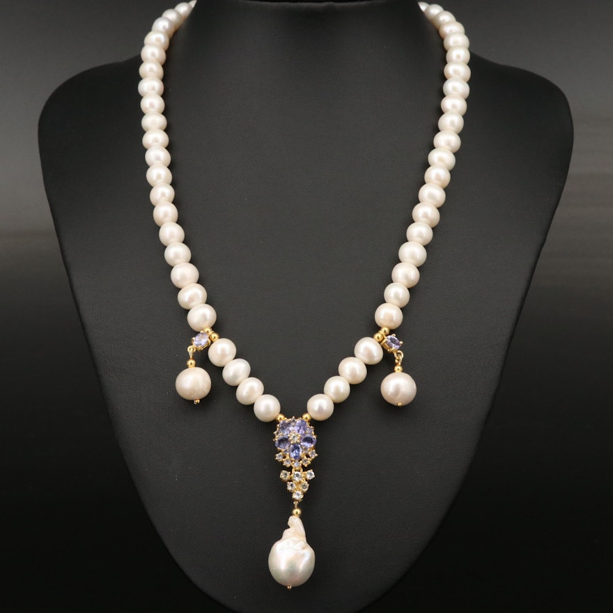 Sterling Pearl, Tanzanite and Topaz Necklace