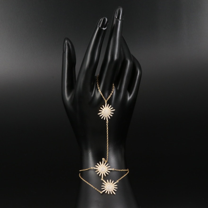 Sterling Silver Cubic Zirconia Finger Ring Bracelet with Sun Design