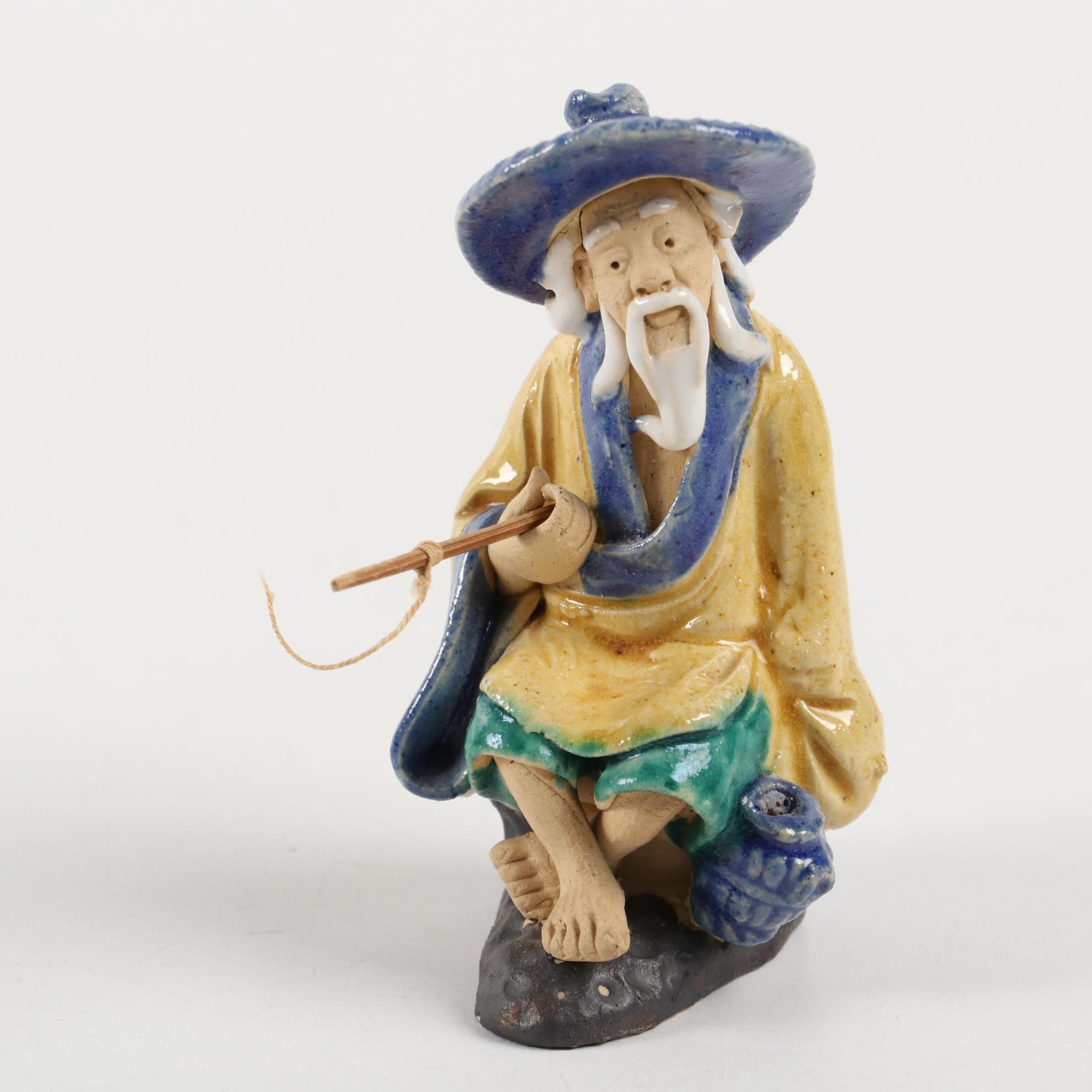 Chinese Schiwan Ware Fisherman Figurines with Wooden Stand, Late 20th Century