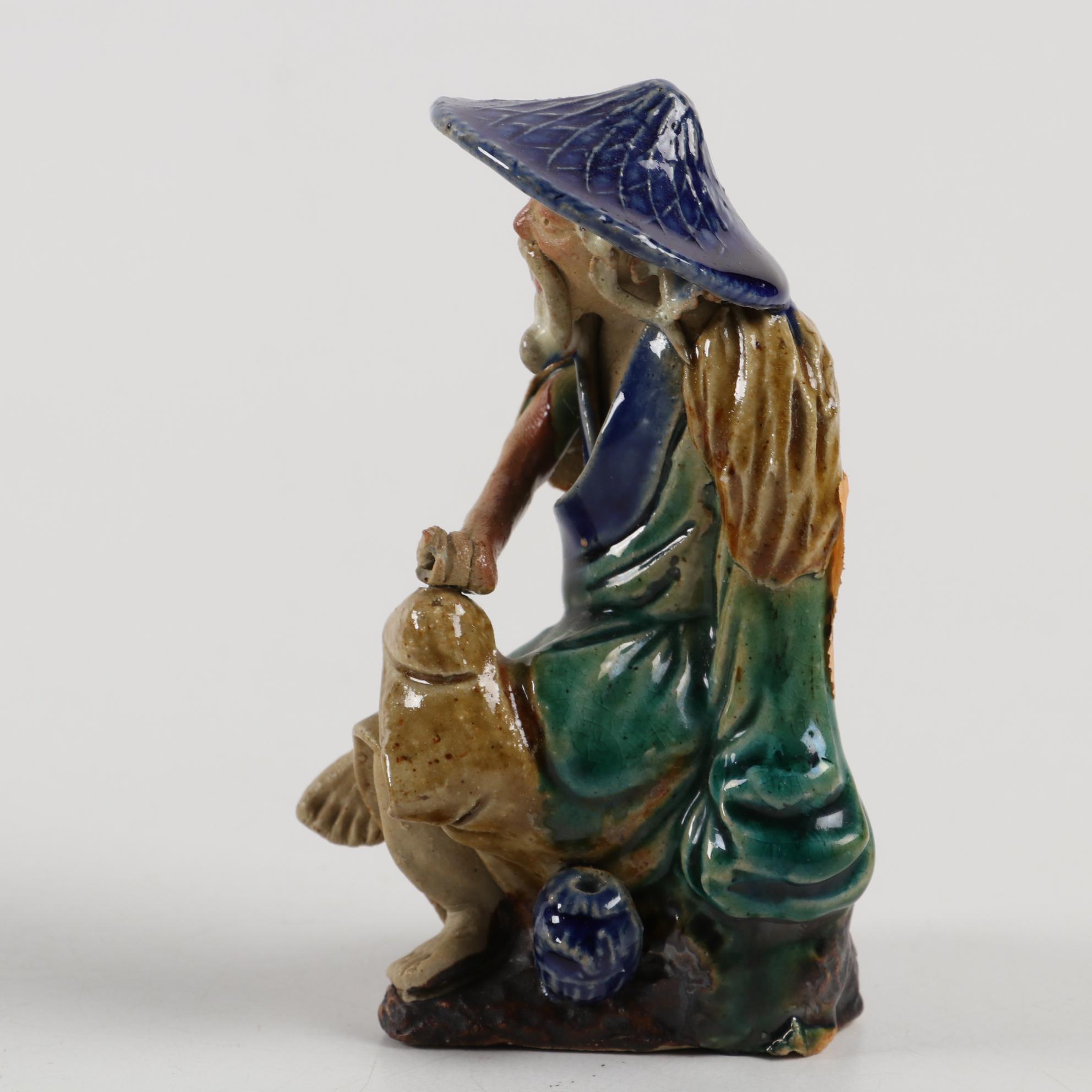 Chinese Schiwan Ware Fisherman Figurines with Wooden Stand, Late 20th Century