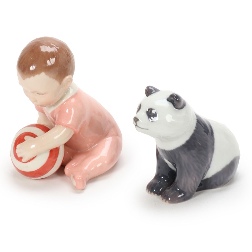 Royal Copenhagen Panda and Child with Ball Porcelain Figurines