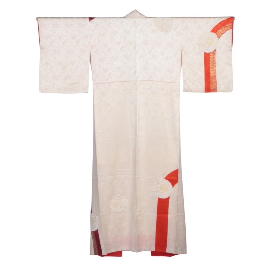 Ivory Textured Satin Floral Dyed and Hand-Painted Hōmongi Kimono, Showa Period