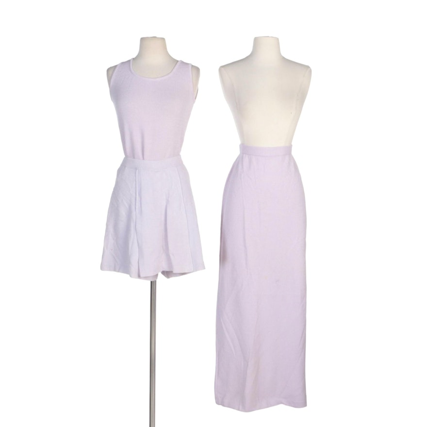 St. John Brand Pastel Lavender Knit Sleeveless Top, Skirt and Shorts