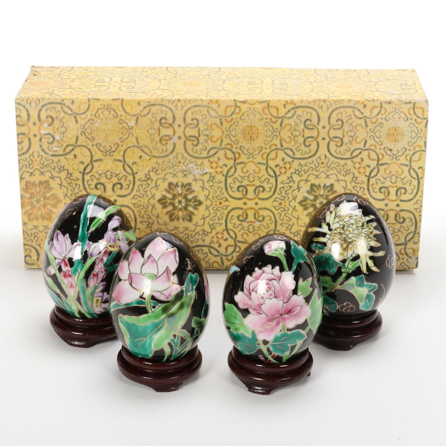 Hand-Painted Chinoiserie Porcelain Eggs with Wooden Stands