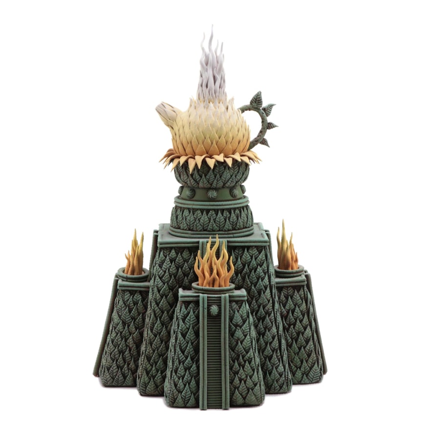 Botanically Inspired Terracotta Teapot with Mayan Style Pyramid Stand