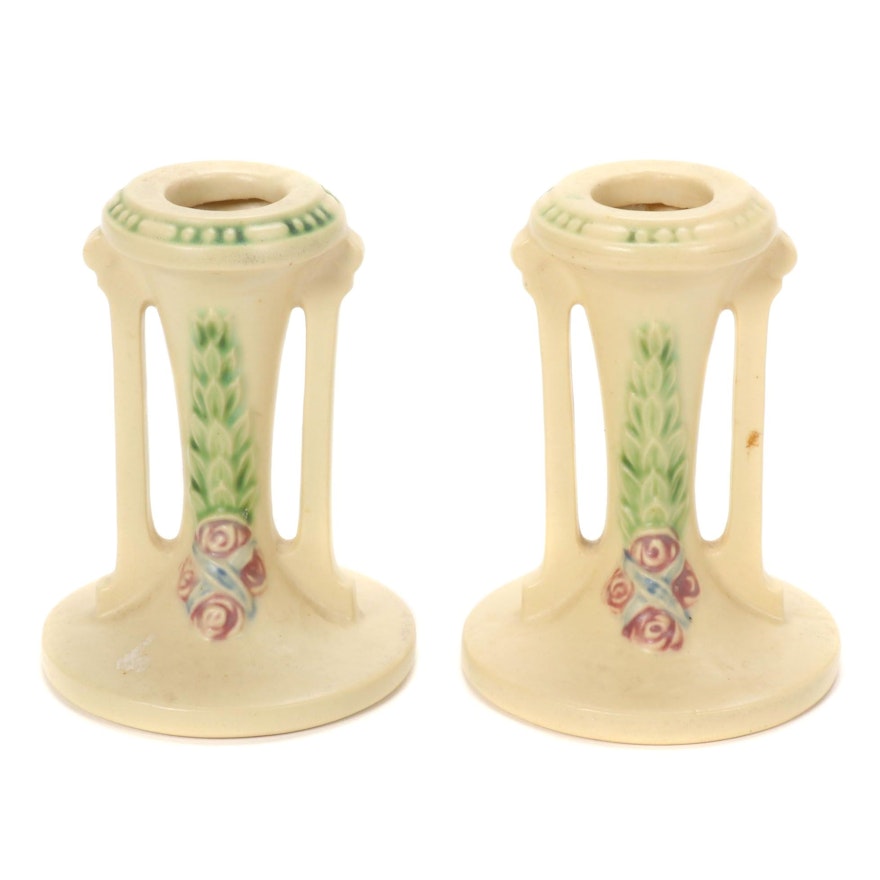 Roseville Pottery "La Rose" Ceramic Candlesticks, 1920s