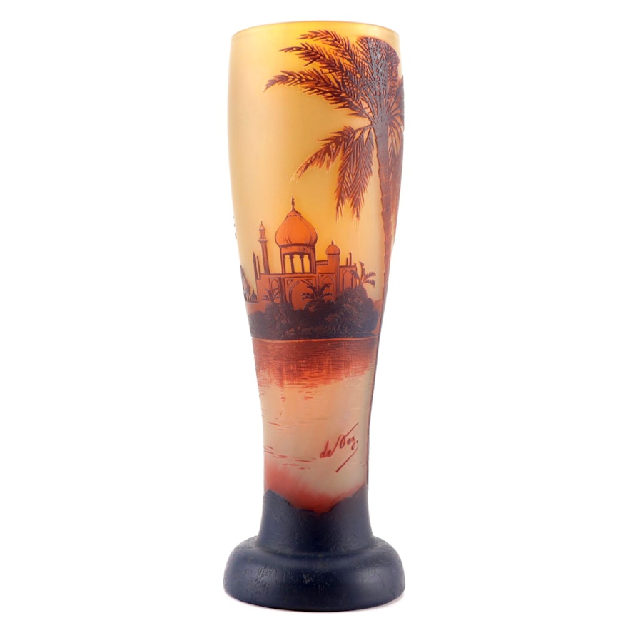 DeVez Cameo Glass Vase with Orientalist Landscape, Early 20th Century