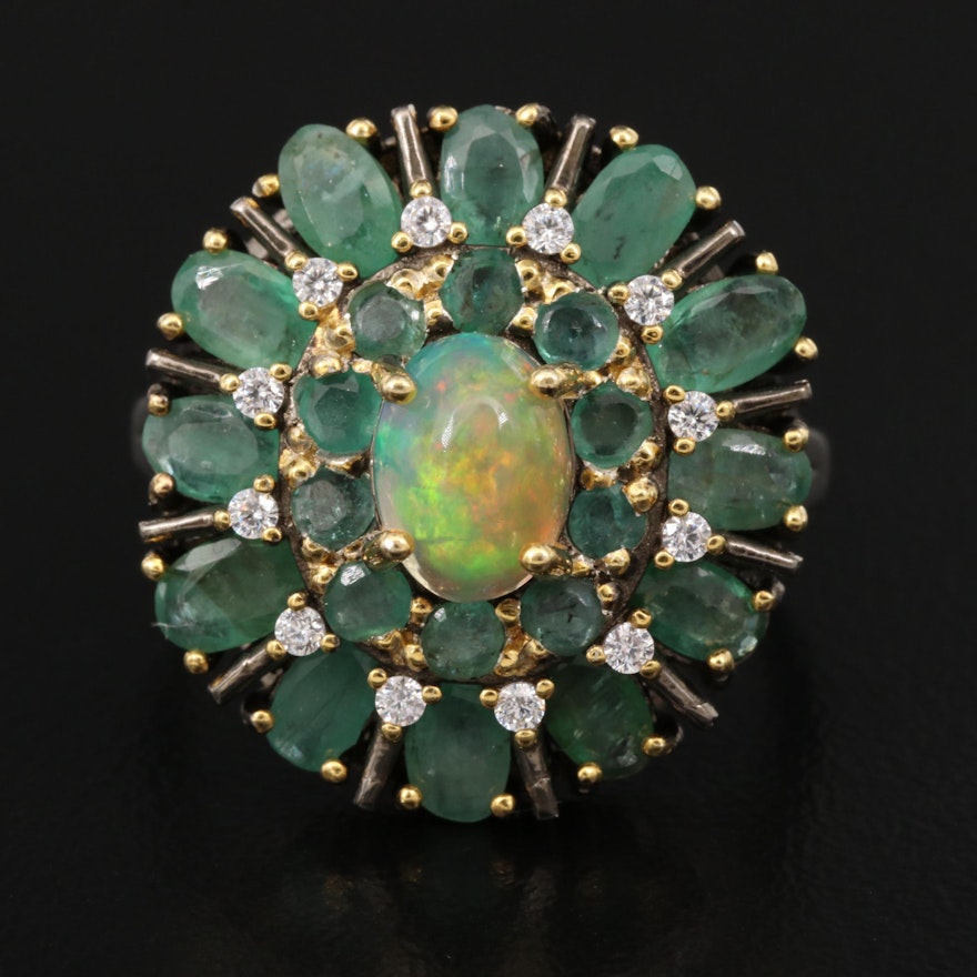 Sterling Opal, Emerald and Cubic Zirconia Ring