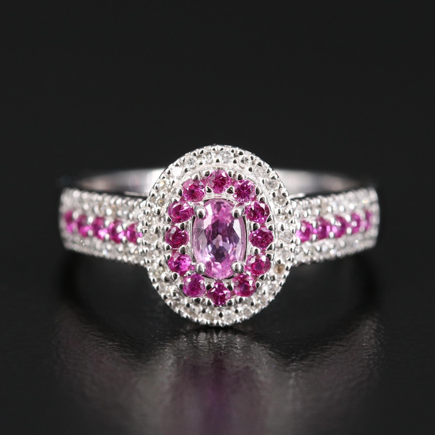 14K Sapphire, Ruby and Diamond Double Halo Ring