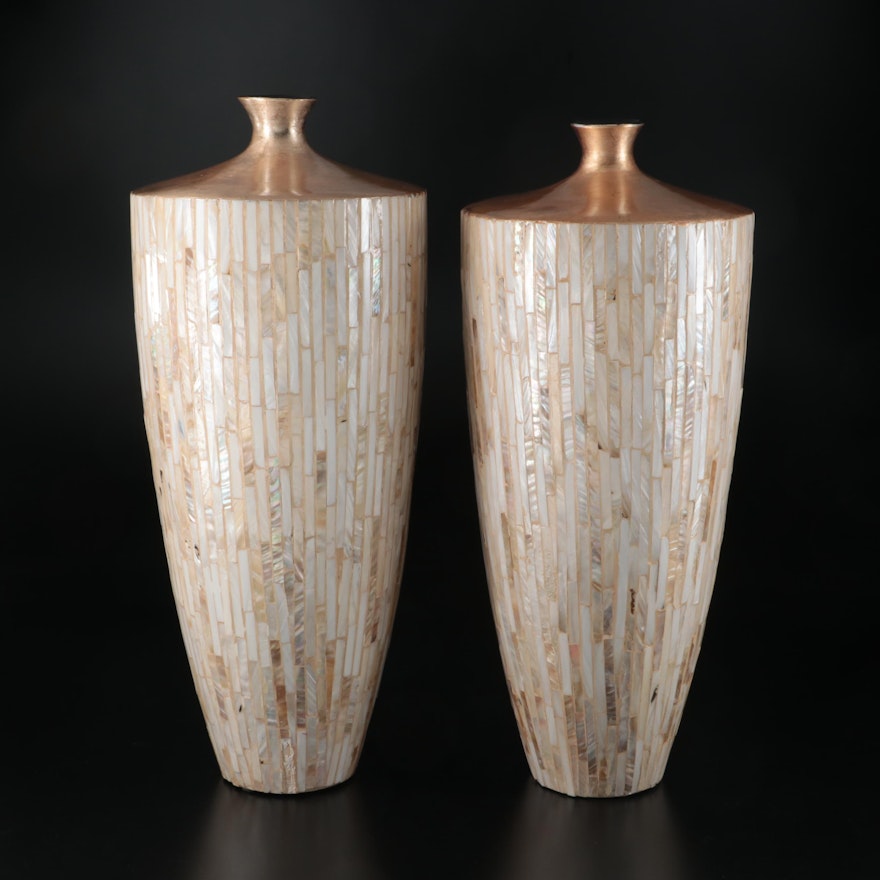 Pair of Gold Tone and Mother-of-Pearl Ceramic Floor Vases