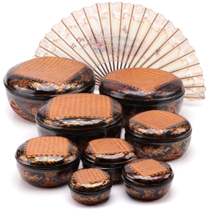 Chinese Lacquered Basket and Bamboo and Lace Fan