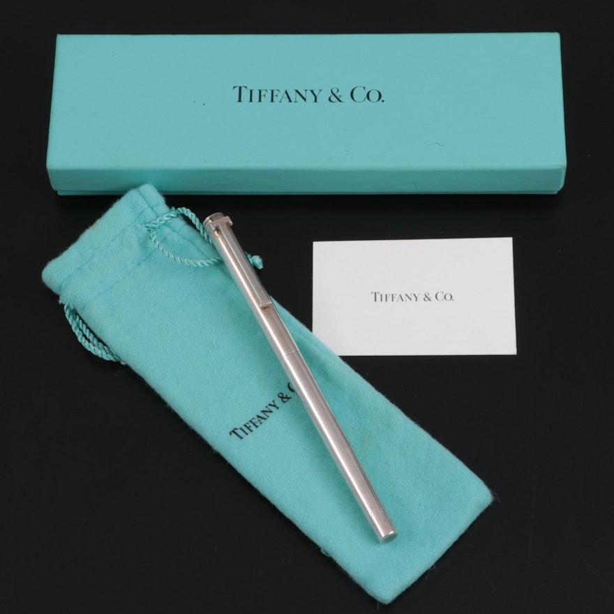 Tiffany & Co. 925 Sterling Silver "T-Clip" Ballpoint Pen with Protective Pouch