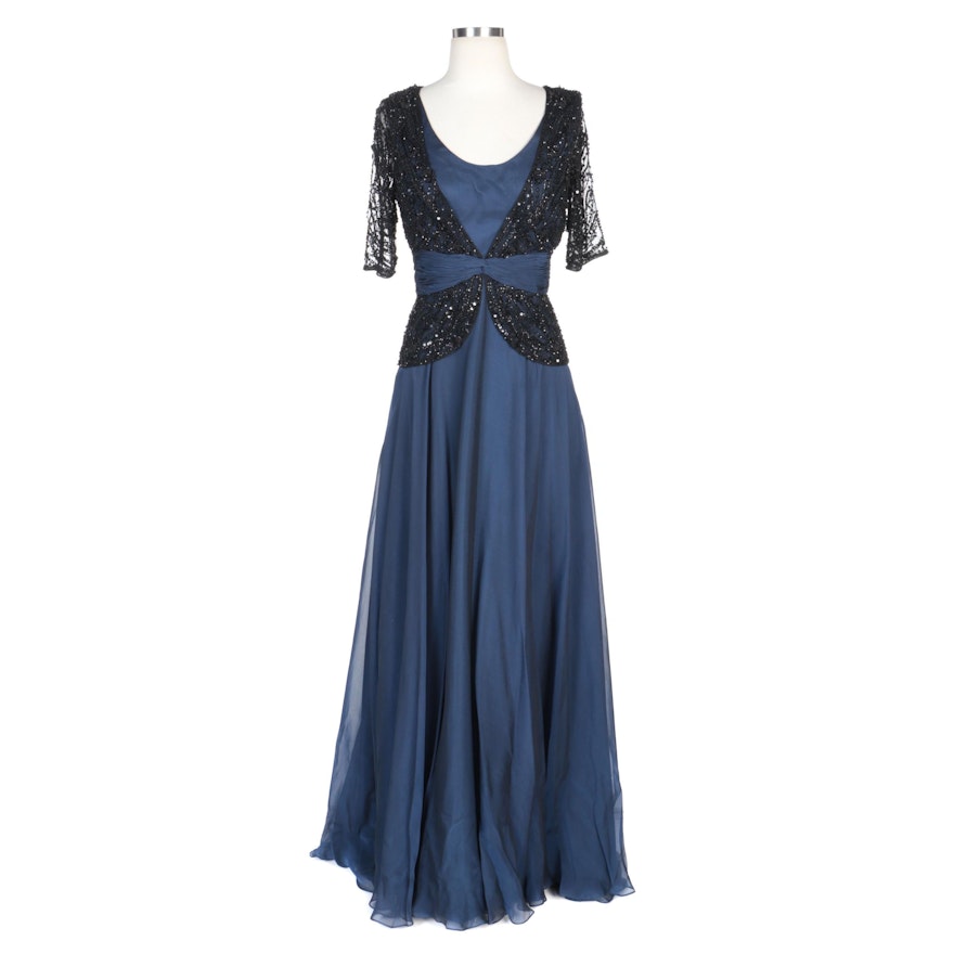 Alberto Makali Navy Silk Blend Gown with Beaded Bodice Overlay and Wrap