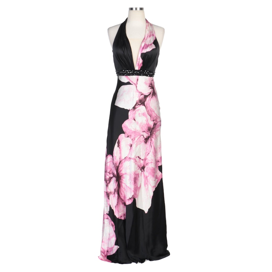 Alberto Makali Floral Printed Silk Halter Sheath Gown with Beading and Scarf