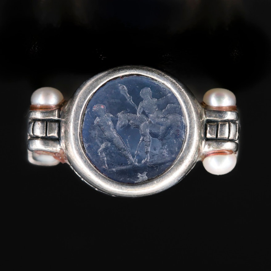 Sterling Glass Cameo and Pearl Ring