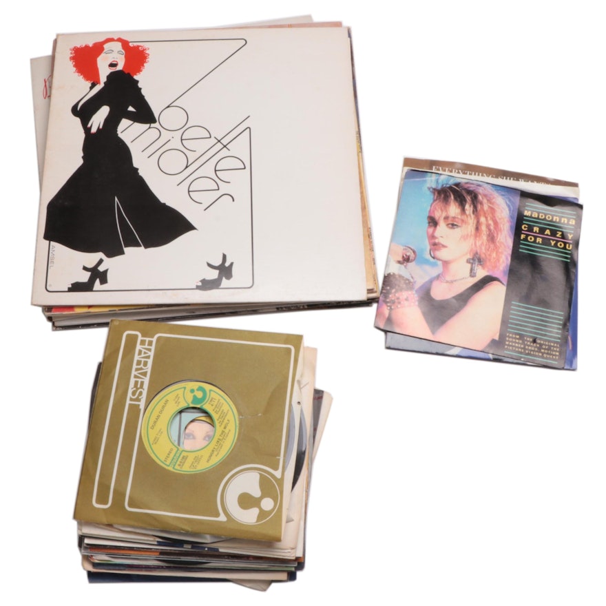 Bette Midler and Various Vinyl Pop Records Including Madonna and Wham!