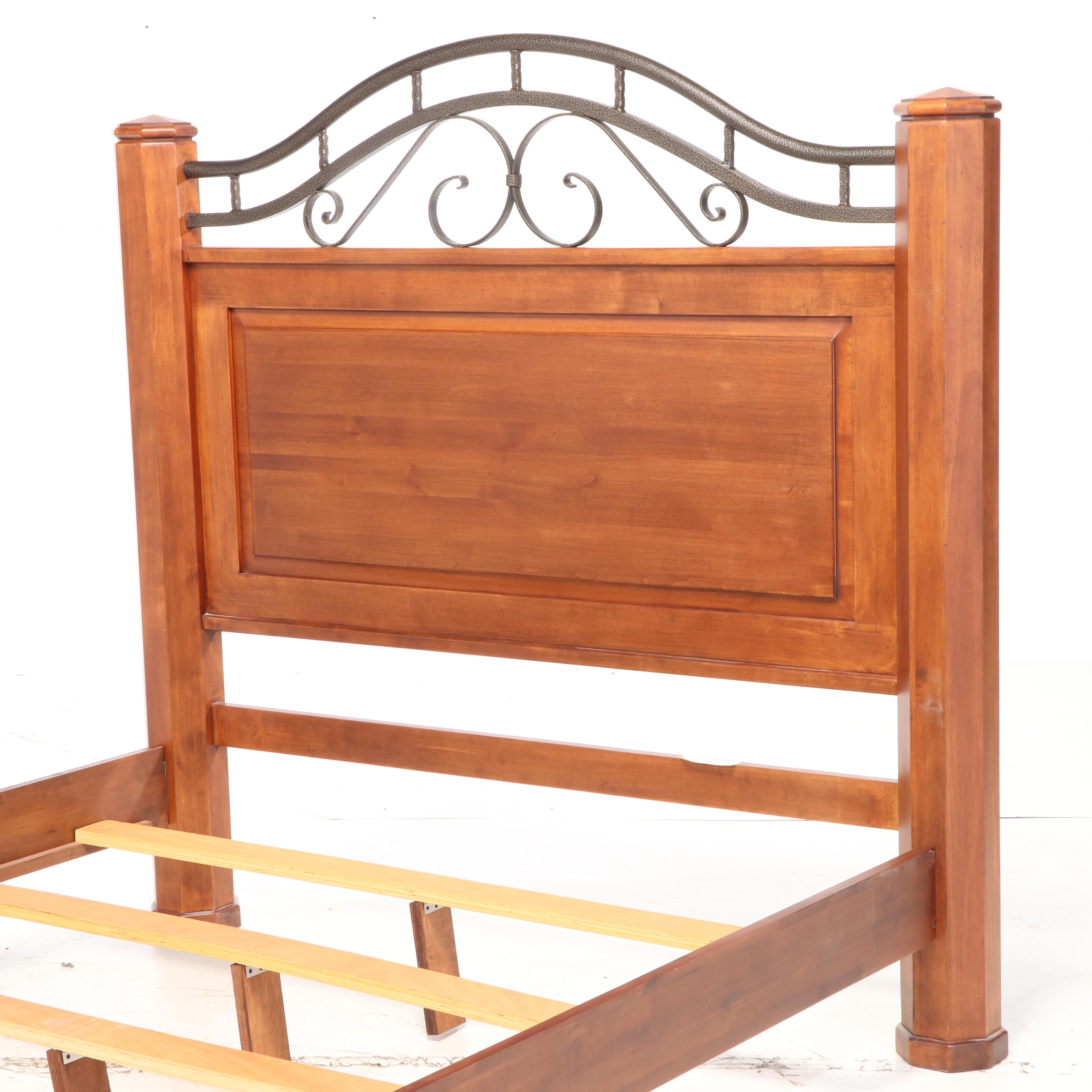 Furniture Fair Walnut-Stained Wood and Metal Queen Size Bed