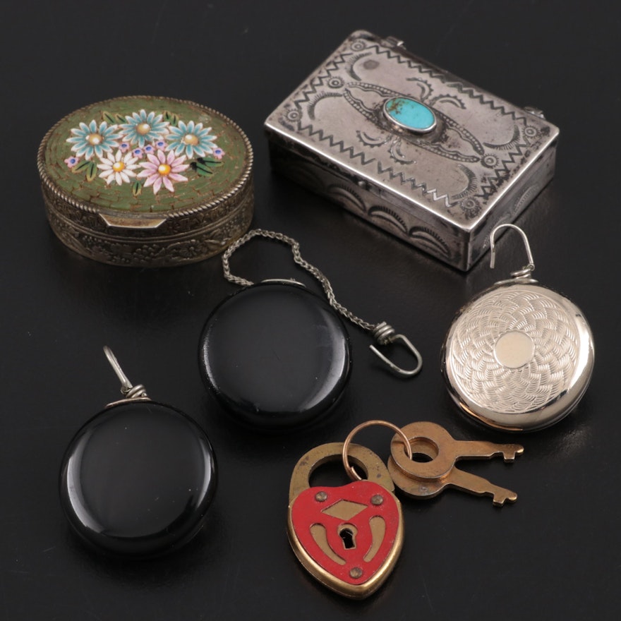 Italian Micro Mosaic and Sterling Trinket Boxes, with Pocket Watch Chain Pins