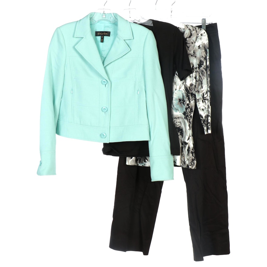 Escada Mint Cream Wool Jacket, Jersey Knit Tops and Black Cotton Blend Pants