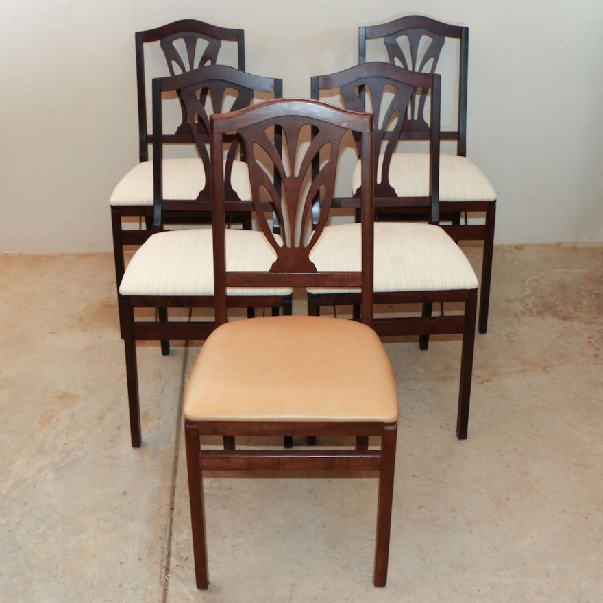 Four Stakmore Co. Wood Folding Dining Chairs with Stationary Chair