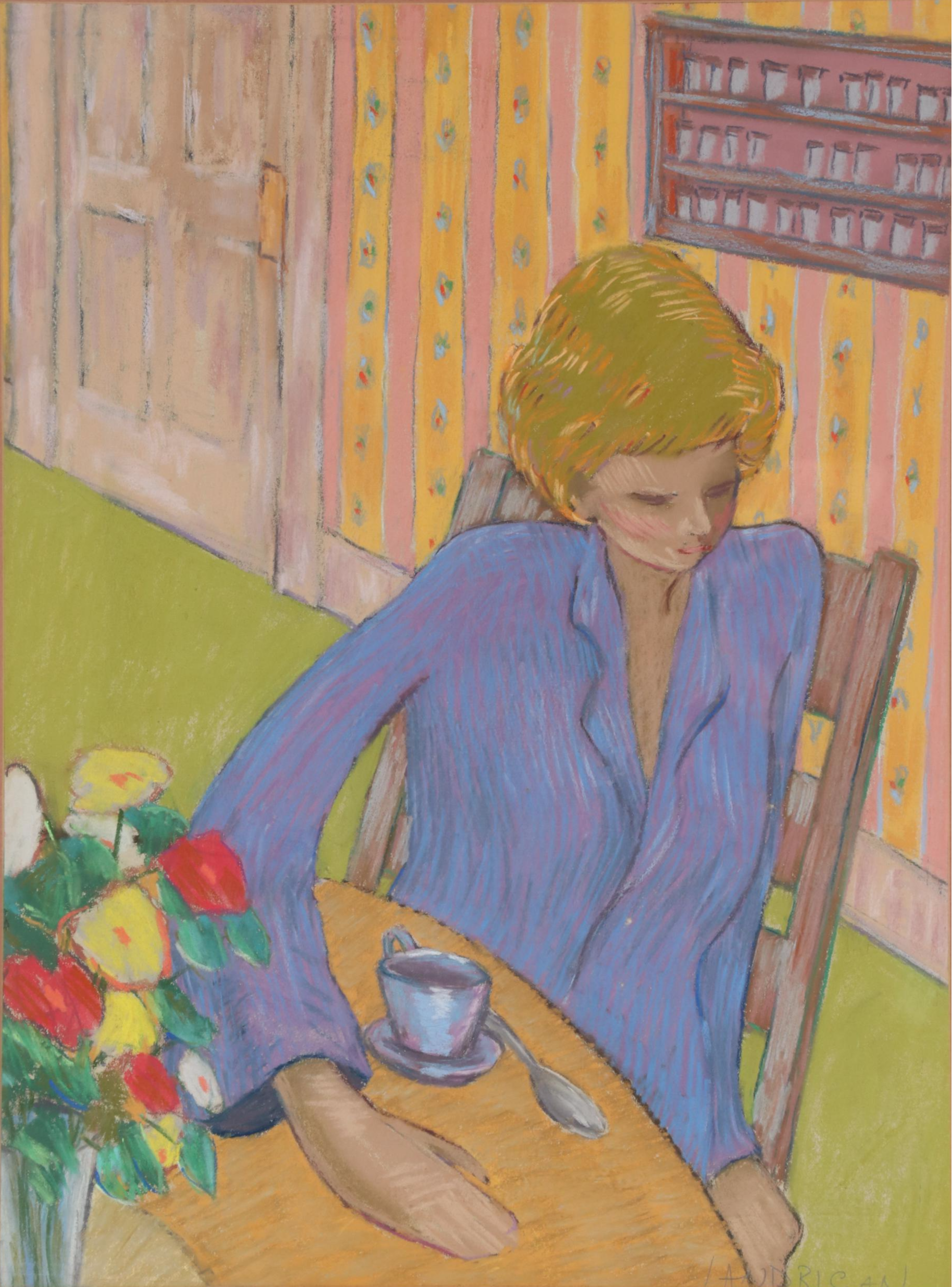 Richard Landrigan Oil Pastel Drawing of Female Portrait, Mid-20th Century