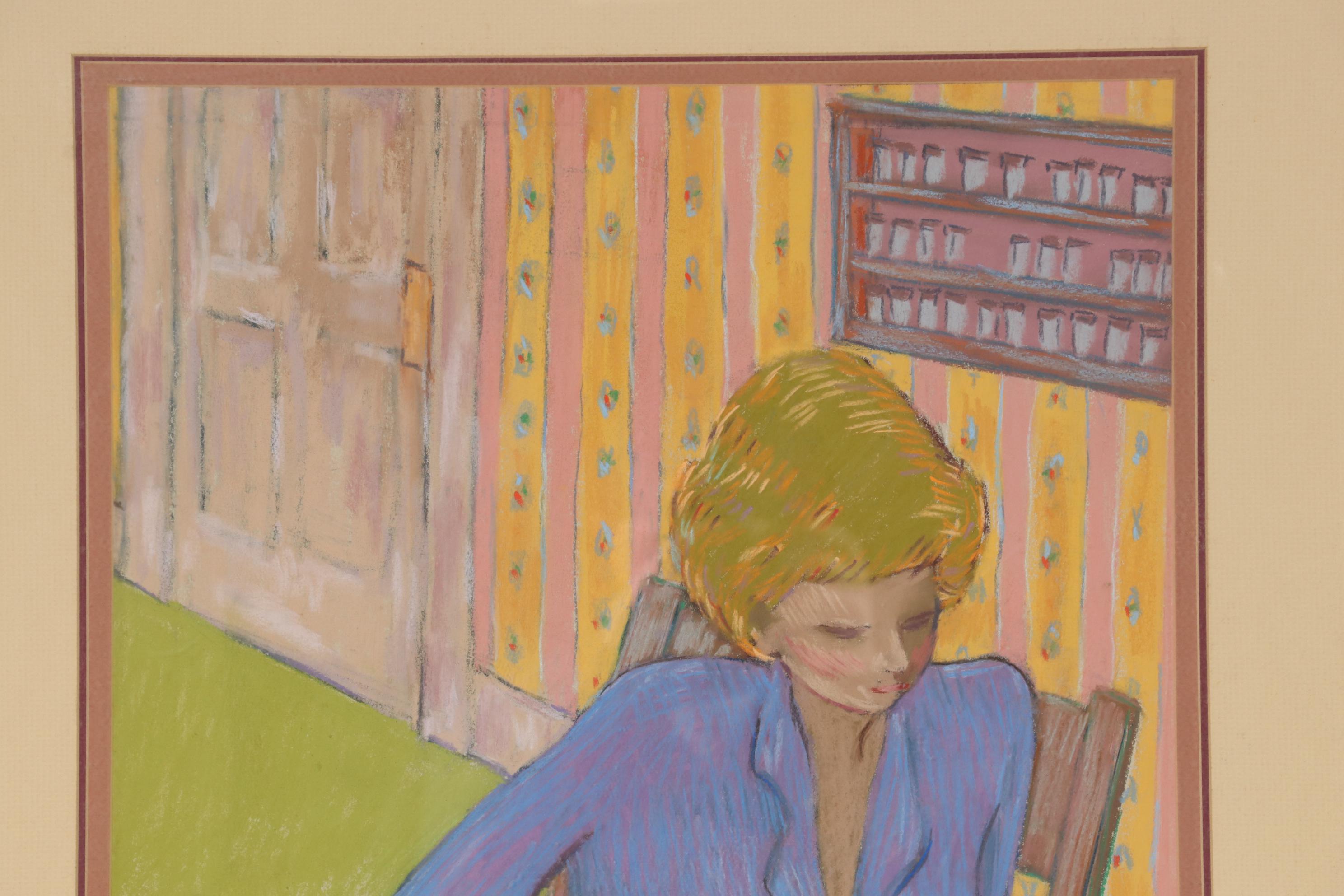 Richard Landrigan Oil Pastel Drawing of Female Portrait, Mid-20th Century