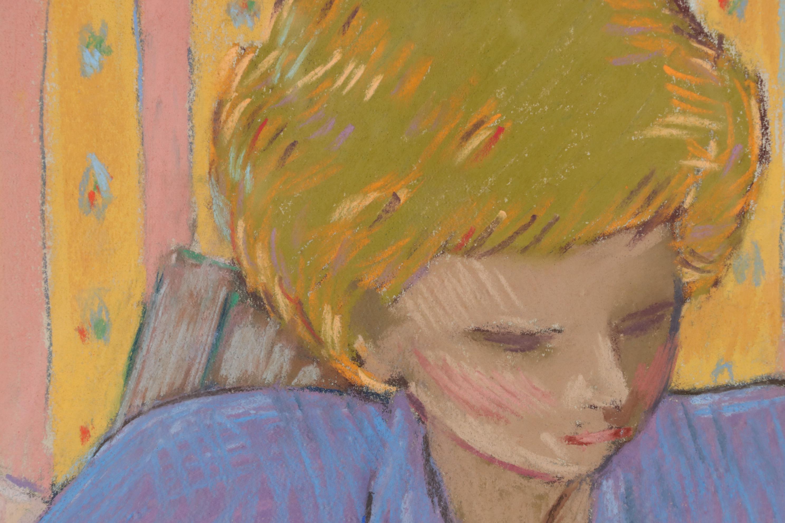 Richard Landrigan Oil Pastel Drawing of Female Portrait, Mid-20th Century