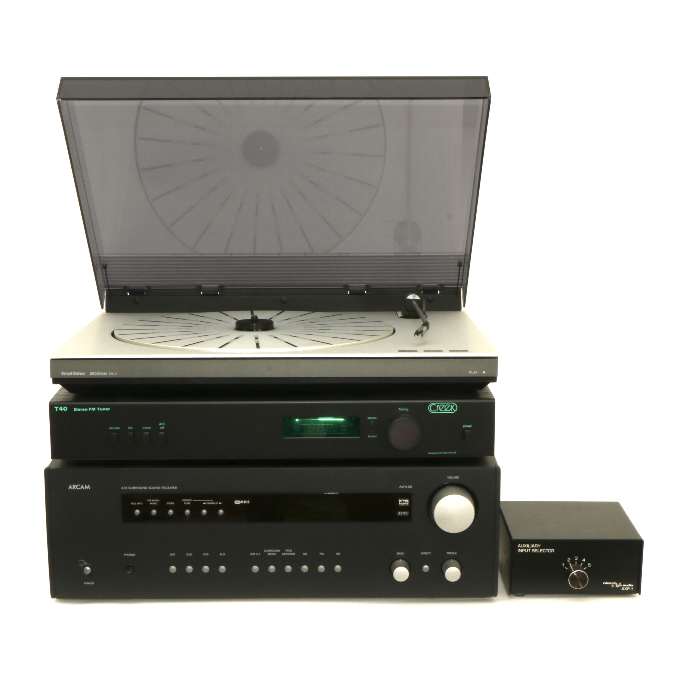 Arcam DiVA, Bang & Olufsen Beogram RX2 Turntable, Creek Stereo FM Tuner and Aux
