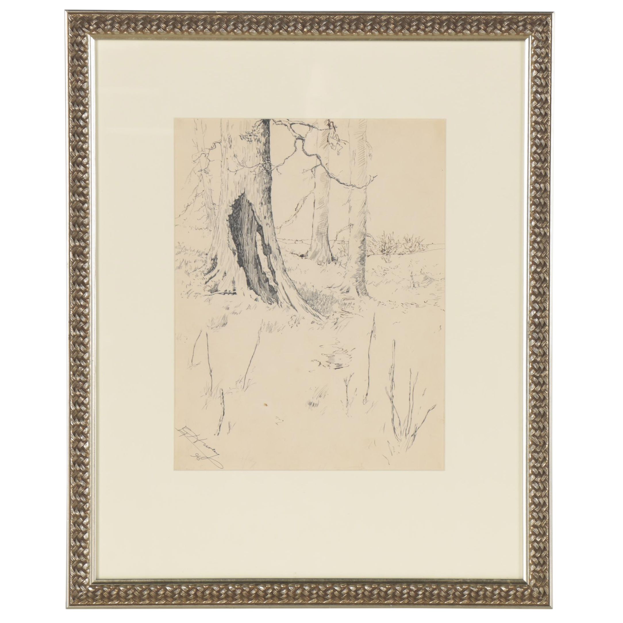 Edward T. Hurley Ink Drawing of Tree-Lined Landscape, 1896