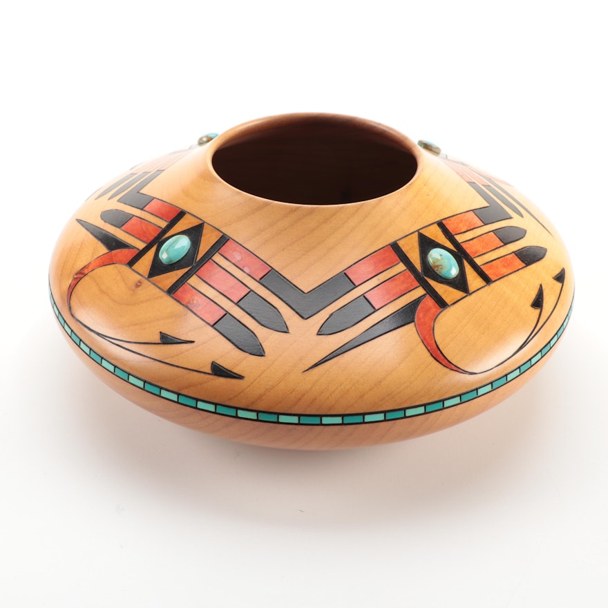Klaus Stange Southwestern Turquoise Accented Alder Wood Bowl, Mid-20th Century