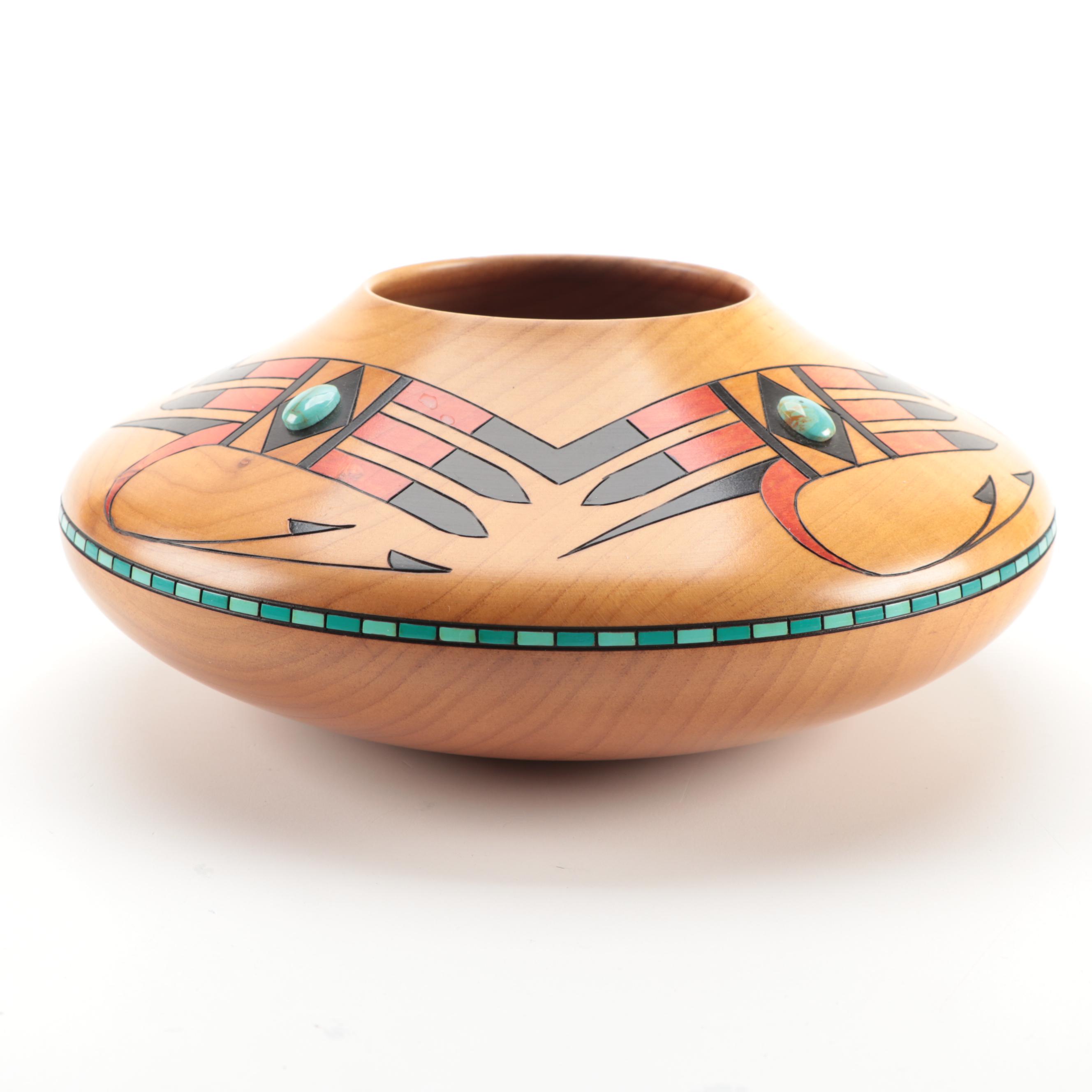 Klaus Stange Southwestern Turquoise Accented Alder Wood Bowl, Mid-20th Century
