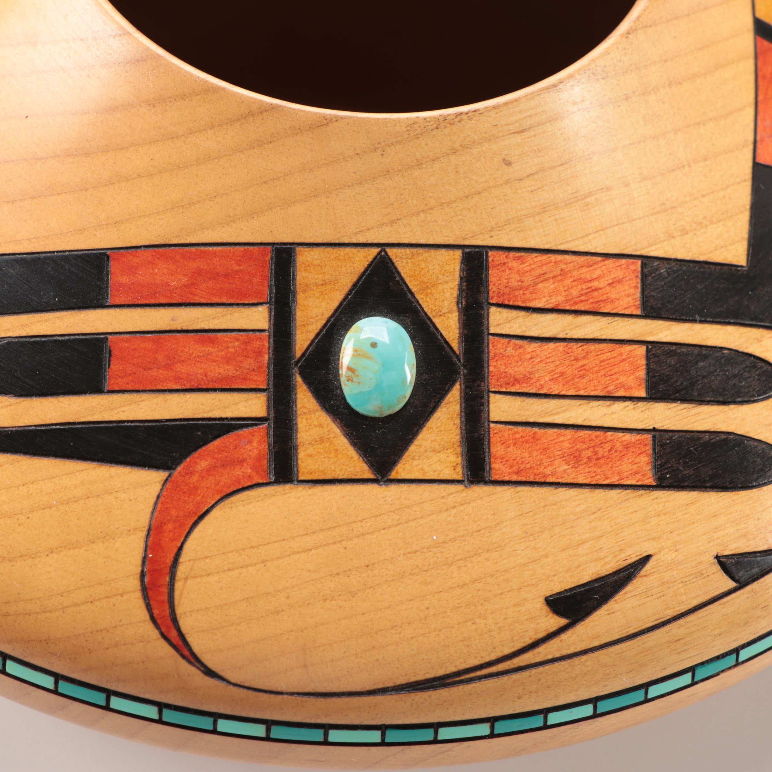 Klaus Stange Southwestern Turquoise Accented Alder Wood Bowl, Mid-20th Century
