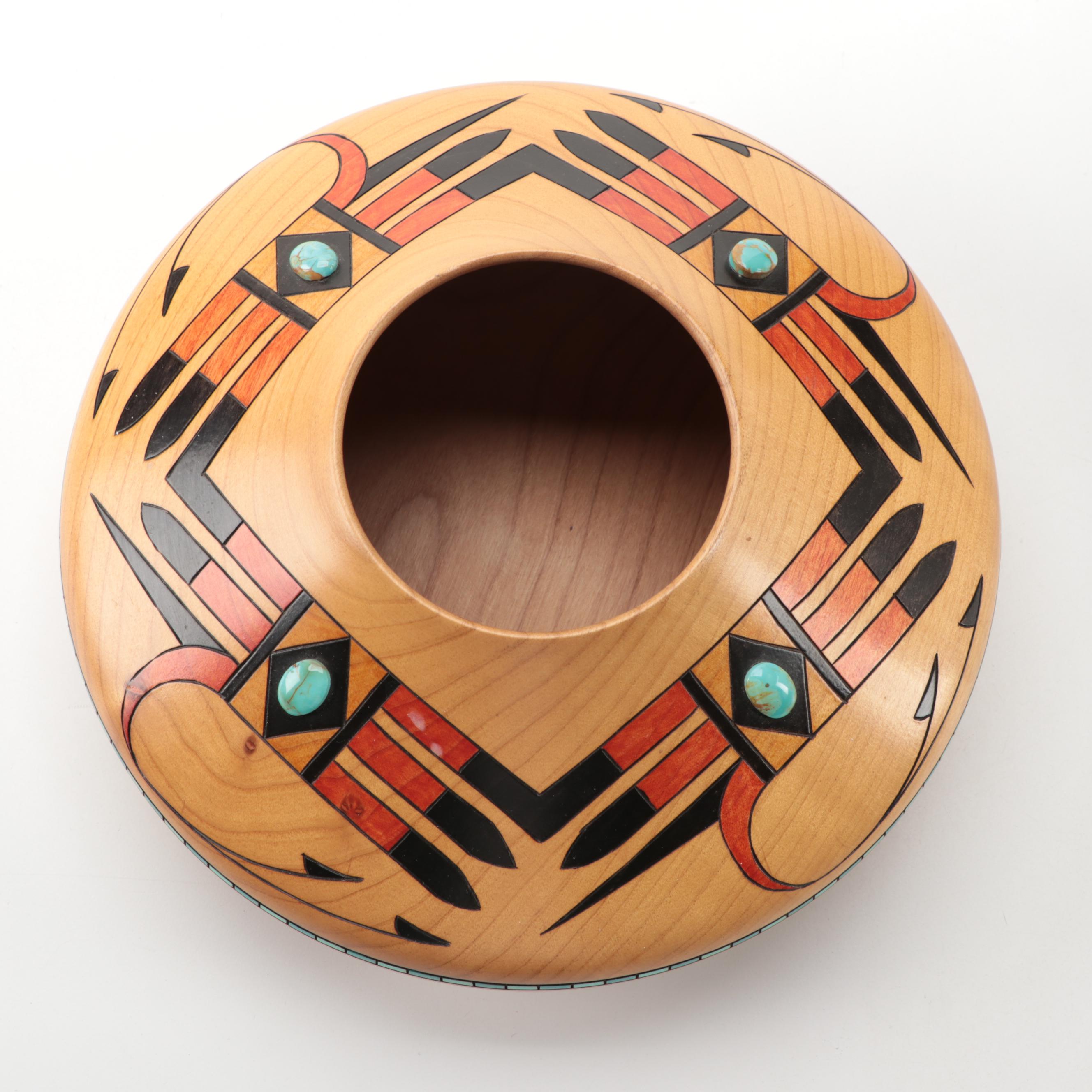 Klaus Stange Southwestern Turquoise Accented Alder Wood Bowl, Mid-20th Century