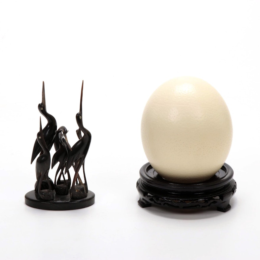 Hand-Carved Horn Wedge of Egrets, with Ostrich Egg on Stand