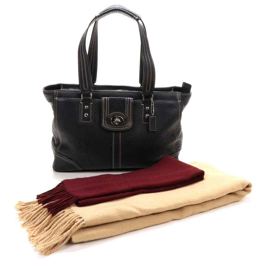 Two Cashmere Fringed Scarves with Coach Hamilton Black Grained Leather Tote