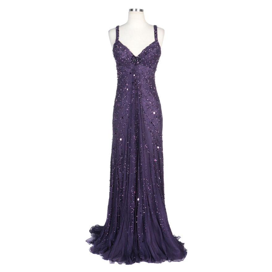 Alberto Makali Royal Purple Silk Chiffon Beaded and Sequined Gown with Wrap